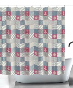 Anchor Patchwork Design Shower Curtain - Nautical Marine Theme Curtains for Ocean Bathroom