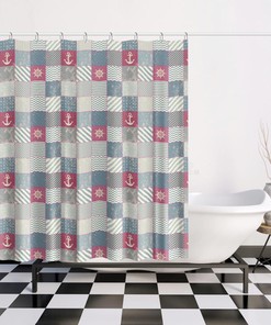Anchor Patchwork Design Shower Curtain - Nautical Marine Theme Curtains for Ocean Bathroom