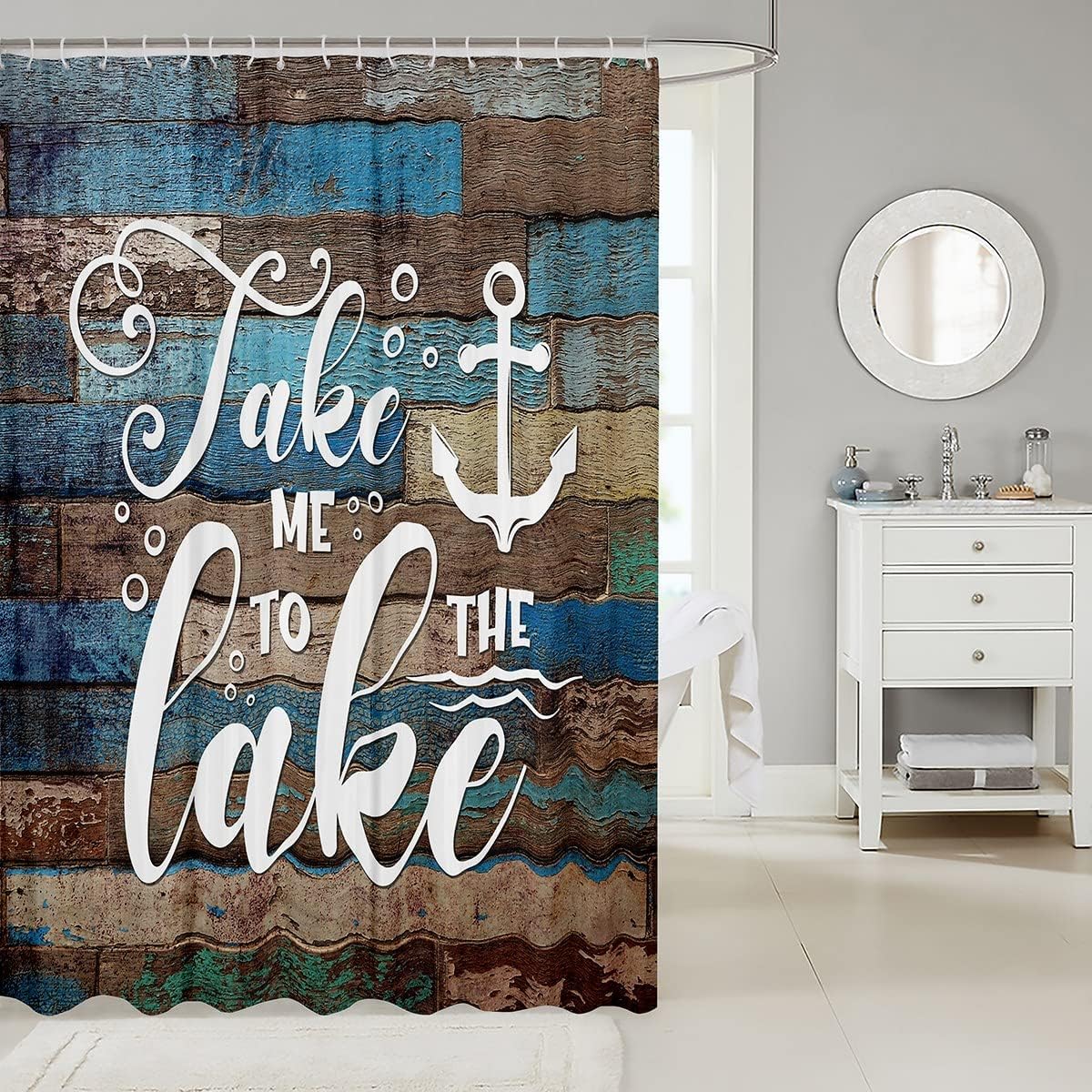 Anchor Pattern Lake Life Shower Curtain for Rustic Farmhouse Bathroom Decor