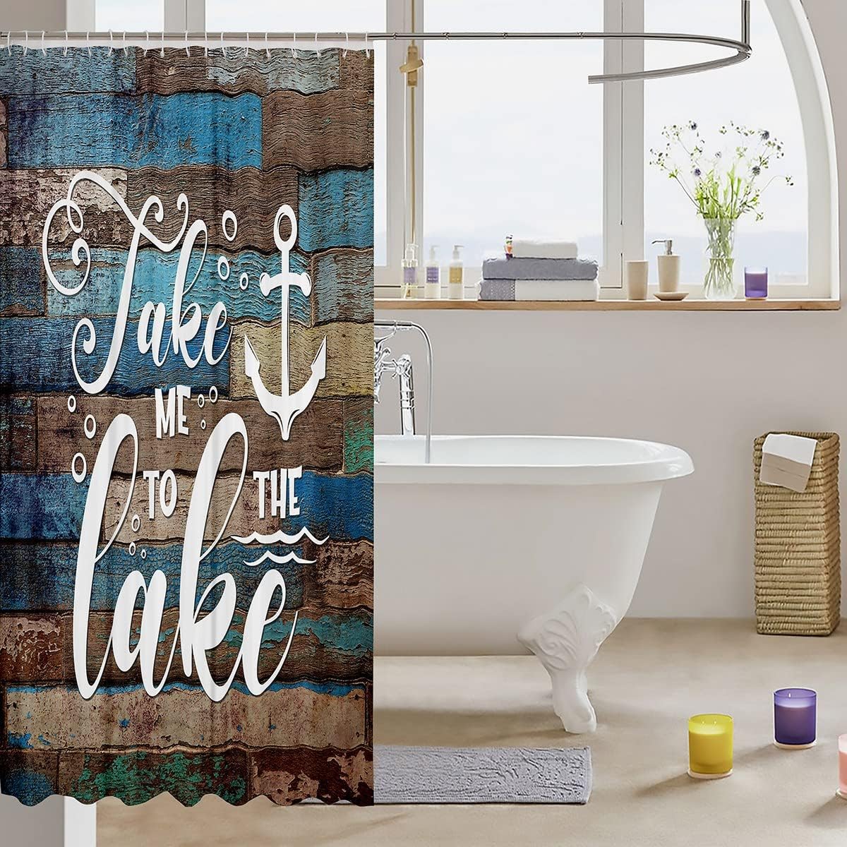 Anchor Pattern Lake Life Shower Curtain for Rustic Farmhouse Bathroom Decor