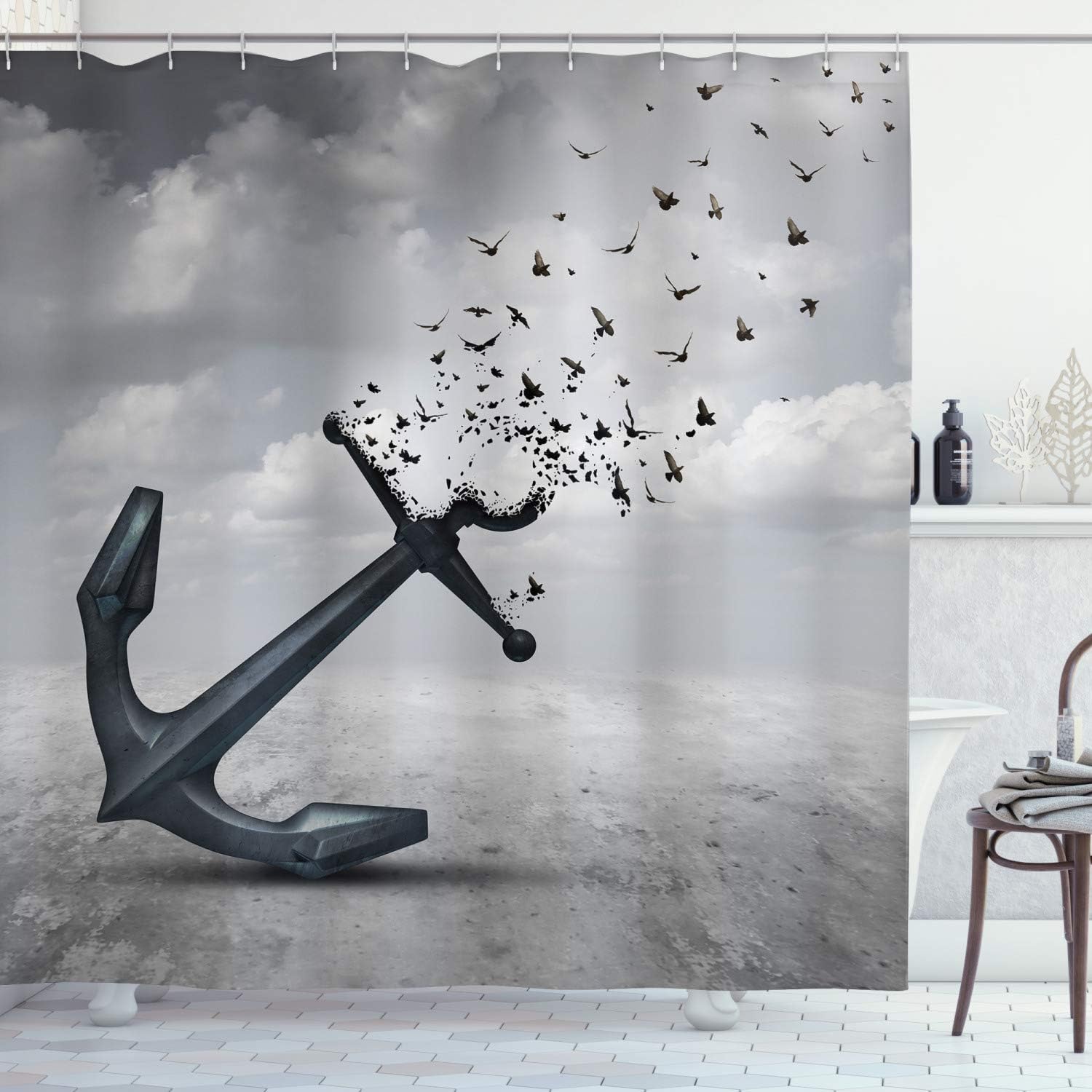 Anchor Turns Into Flying Birds Seagulls Shower Curtain In Grey