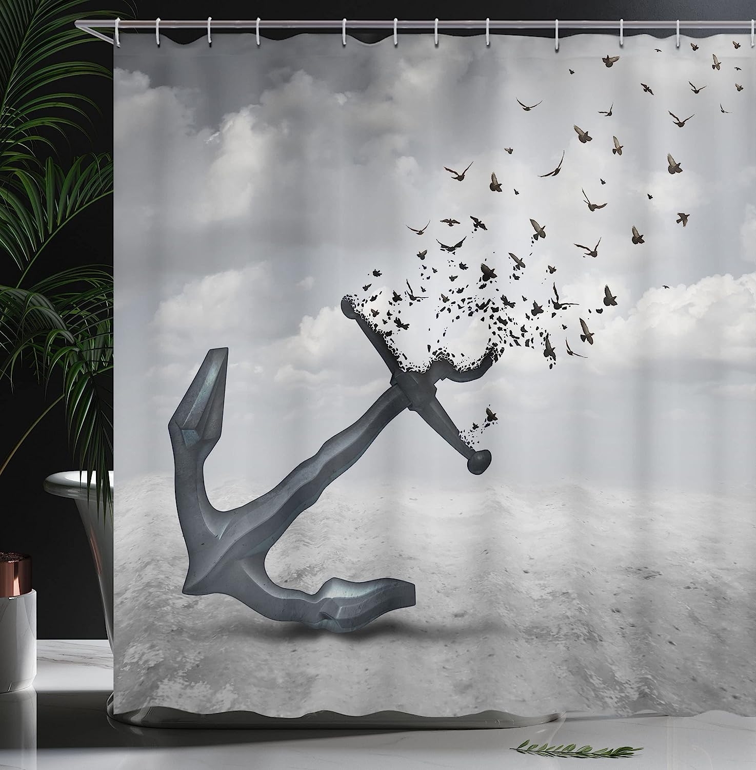 Anchor Turns Into Flying Birds Seagulls Shower Curtain In Grey - Image 3