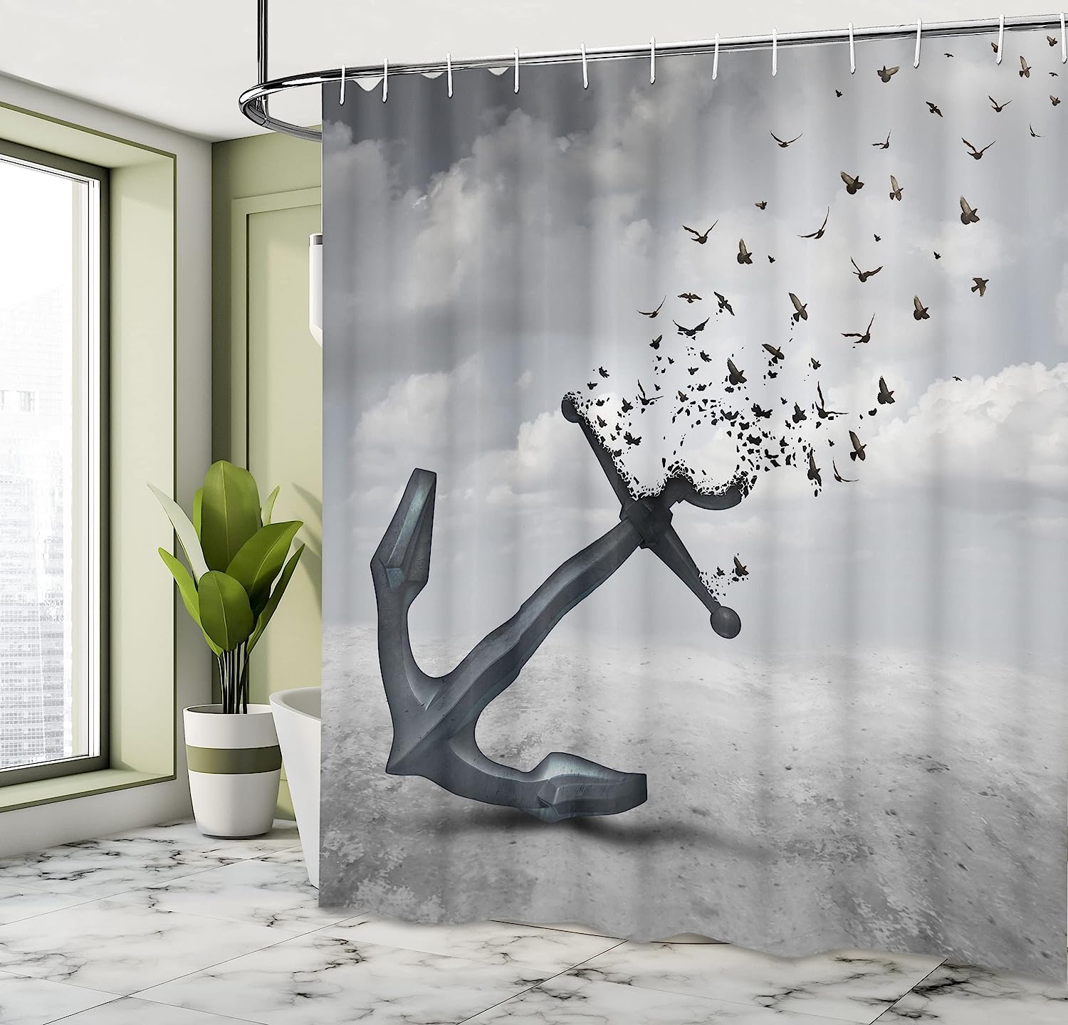 Anchor Turns Into Flying Birds Seagulls Shower Curtain In Grey - Image 4