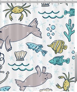 Anchor Walrus Fish Ocean Full Size Shower Curtain for Bathroom