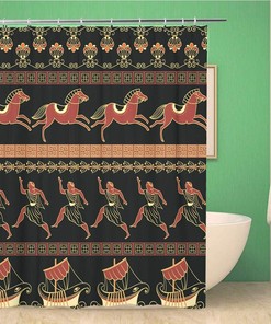 Ancient Greek Ships People Horses Vintage Shower Curtain With Ethnic Pattern