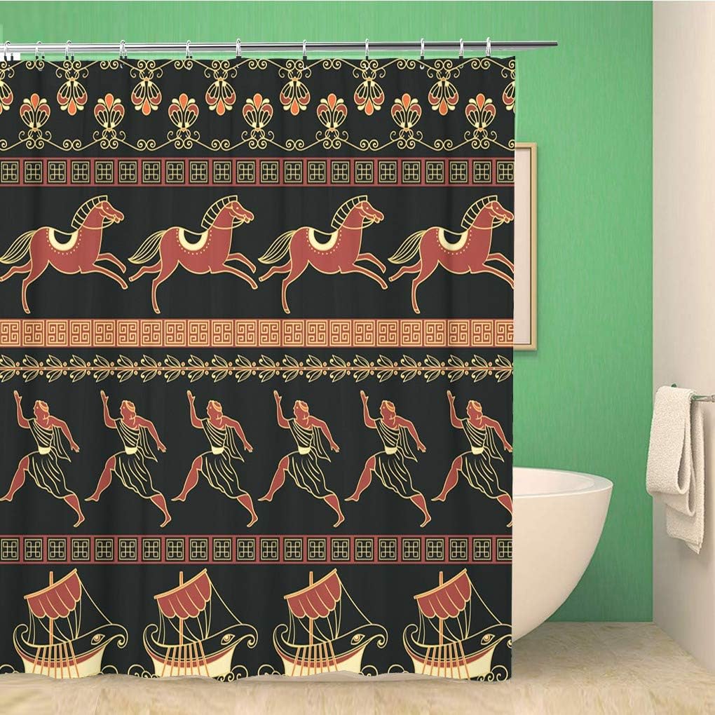 Ancient Greek Ships People Horses Vintage Shower Curtain With Ethnic Pattern