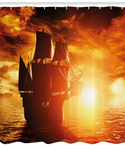 Ancient Ship Sunset Print Polyester Fabric Shower Curtain for Pirate Fans