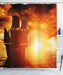 Ancient Ship Sunset Print Polyester Fabric Shower Curtain for Pirate Fans
