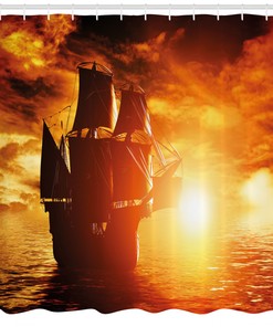 Ancient Ship Sunset Print Polyester Fabric Shower Curtain for Pirate Fans