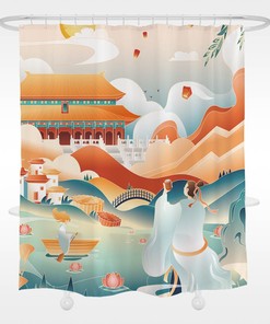 Ancient Style Chinese Night Moon Shower Curtain Waterproof Bathroom Curtains