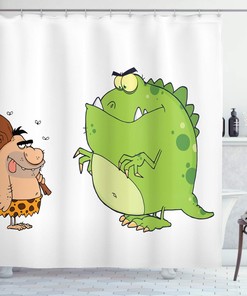 Angry Dinosaur Cartoon Shower Curtain | Caveman Characters | Cloth Fabric Bathroom Decor (Lime Green Peach Brown)