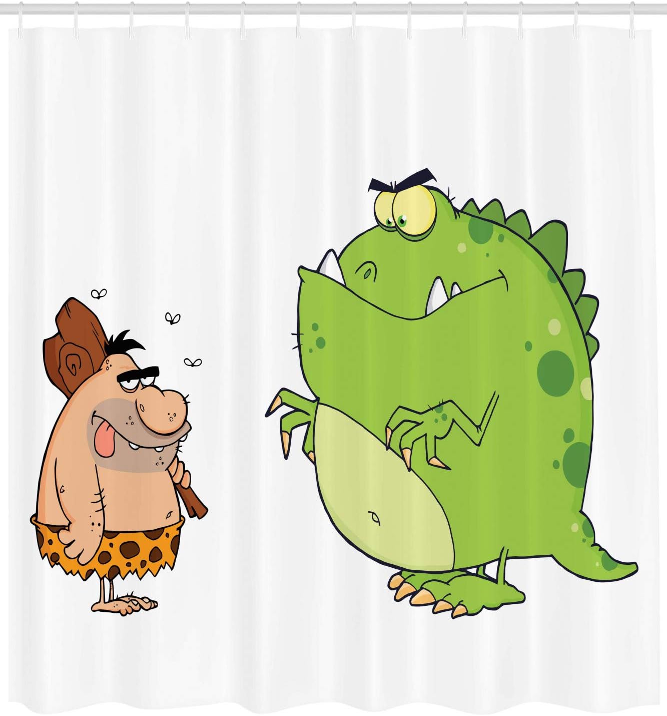 Angry Dinosaur Cartoon Shower Curtain | Caveman Characters | Cloth Fabric Bathroom Decor (Lime Green Peach Brown) - Image 2
