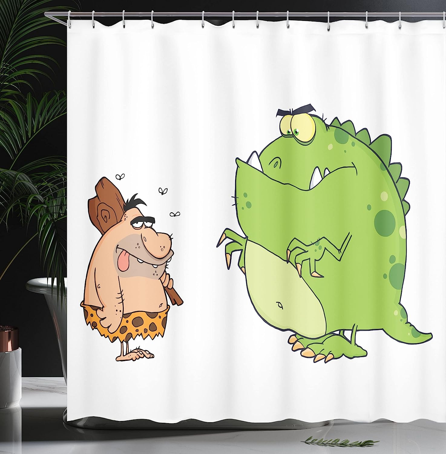 Angry Dinosaur Cartoon Shower Curtain | Caveman Characters | Cloth Fabric Bathroom Decor (Lime Green Peach Brown) - Image 3