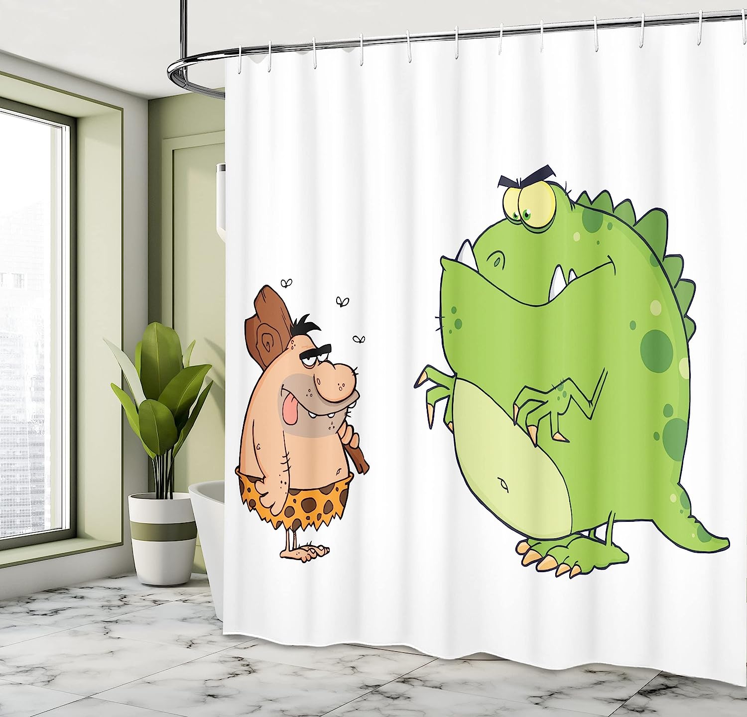 Angry Dinosaur Cartoon Shower Curtain | Caveman Characters | Cloth Fabric Bathroom Decor (Lime Green Peach Brown) - Image 4