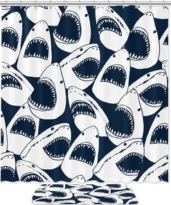 Angry Shark Open Mouth Bathroom Waterproof Fabric Bath Curtain