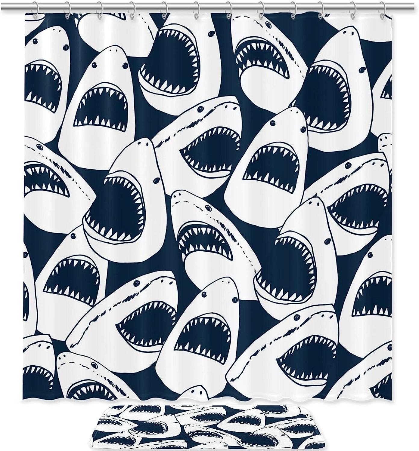 Angry Shark Open Mouth Bathroom Waterproof Fabric Bath Curtain