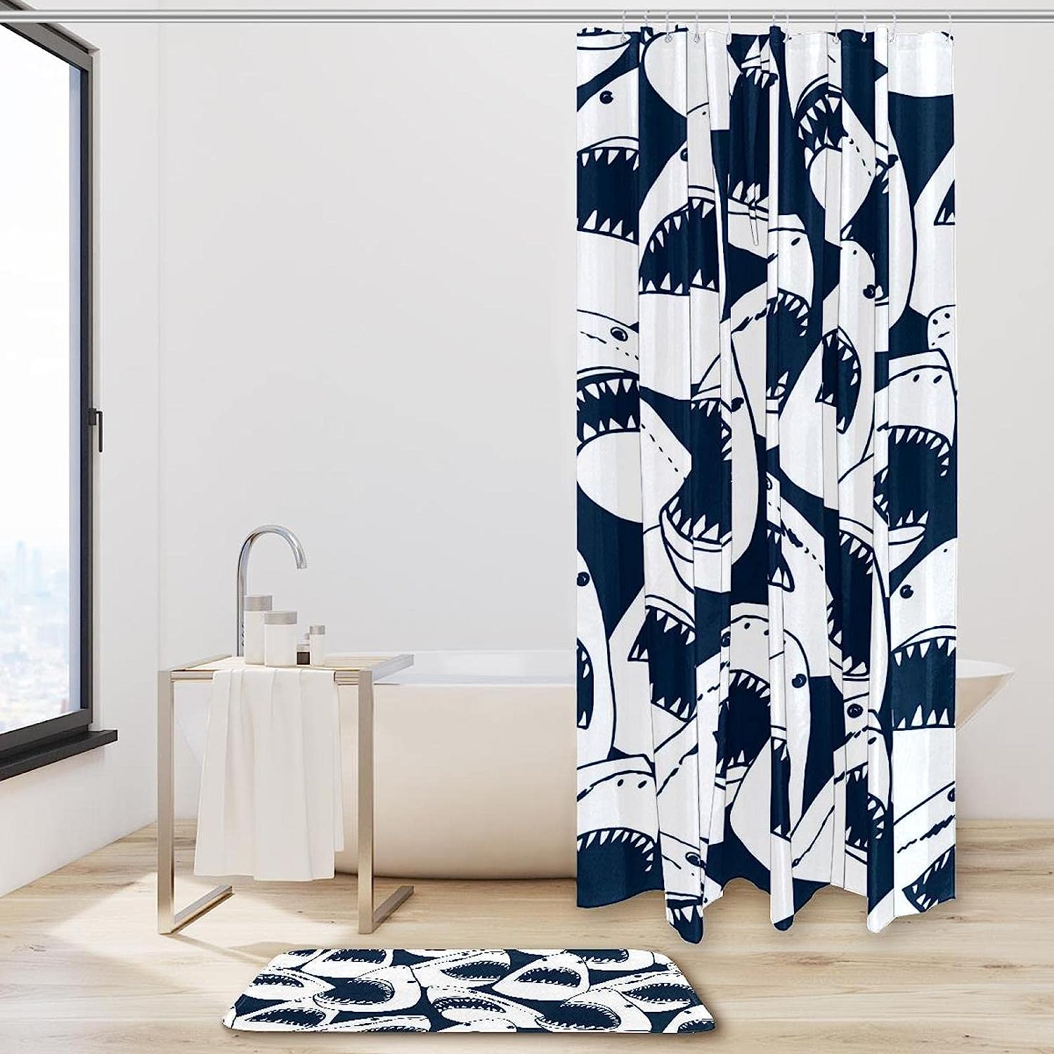 Angry Shark Open Mouth Bathroom Waterproof Fabric Bath Curtain - Image 2