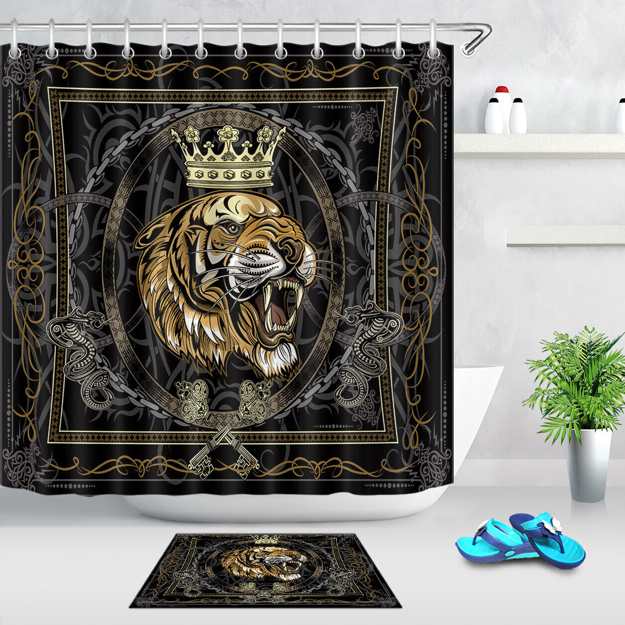 Angry Tiger Face Design Waterproof Fabric Shower Curtain For Bathroom