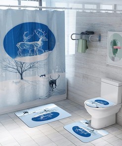 Animal Deer Print Waterproof Bath Curtain Set With Shower Curtain And Accessories