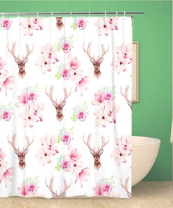 Animal Delicate Magnolia And Rose Flowers Deer Baroque Shower Curtain In Pink