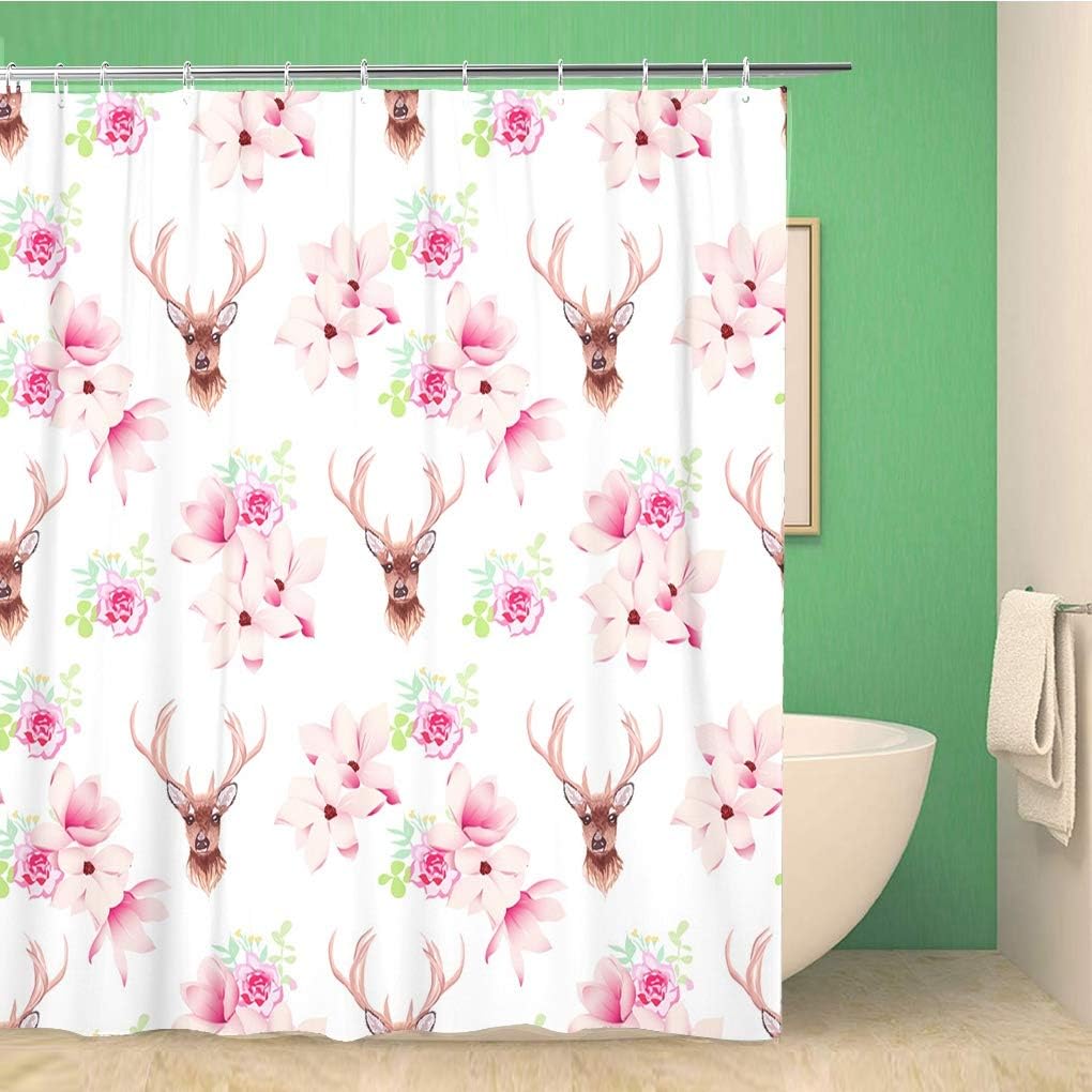 Animal Delicate Magnolia And Rose Flowers Deer Baroque Shower Curtain In Pink