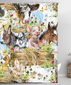 Animal Farm Fabric Shower Curtain With Dogs, Cats, And Horses For Bath Decor