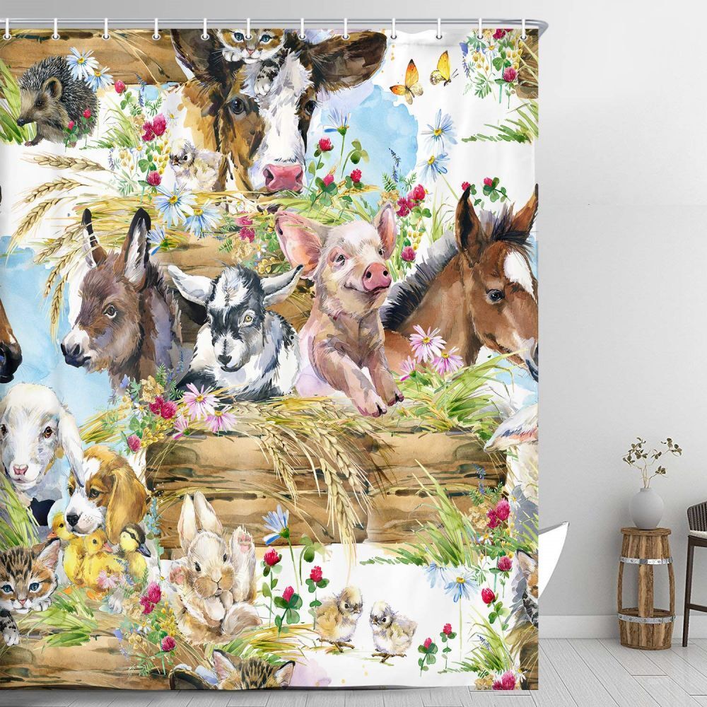 Animal Farm Fabric Shower Curtain With Dogs, Cats, And Horses For Bath Decor