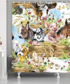Animal Farm Fabric Shower Curtain With Dogs, Cats, And Horses For Bath Decor
