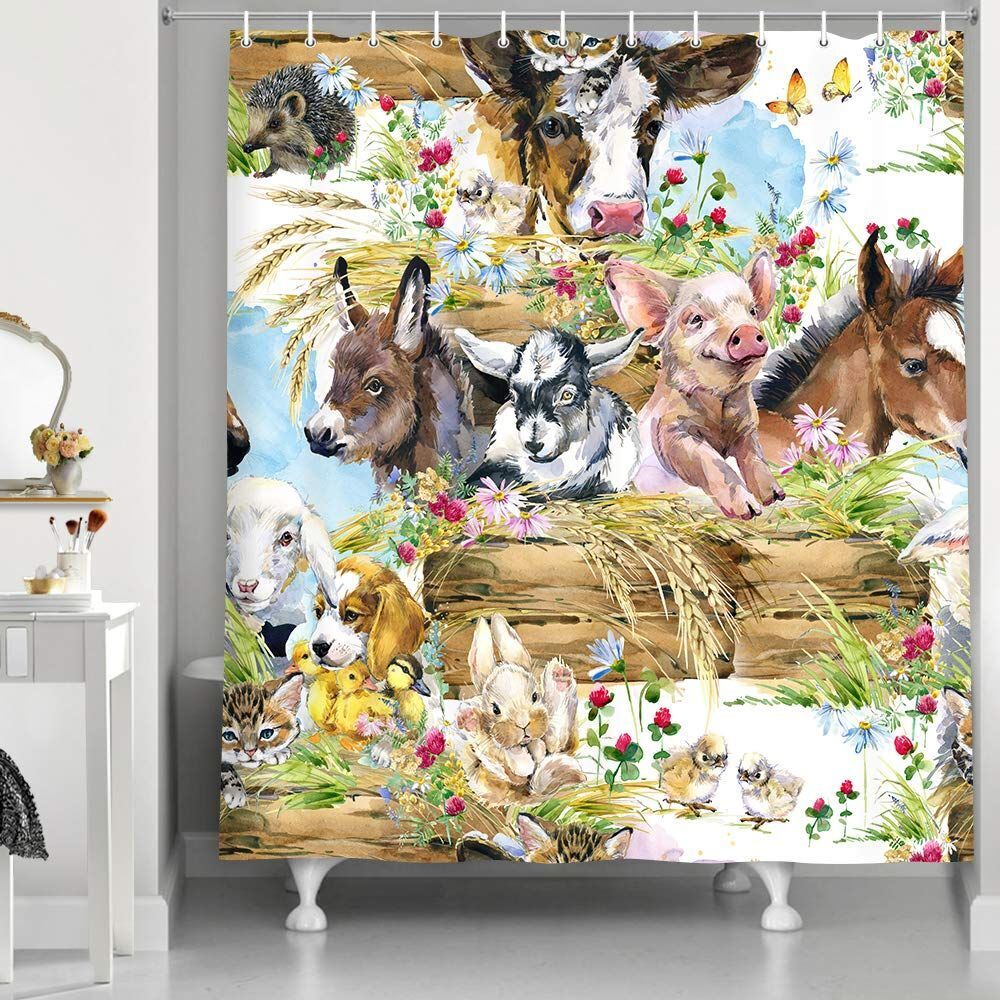 Animal Farm Fabric Shower Curtain With Dogs, Cats, And Horses For Bath Decor