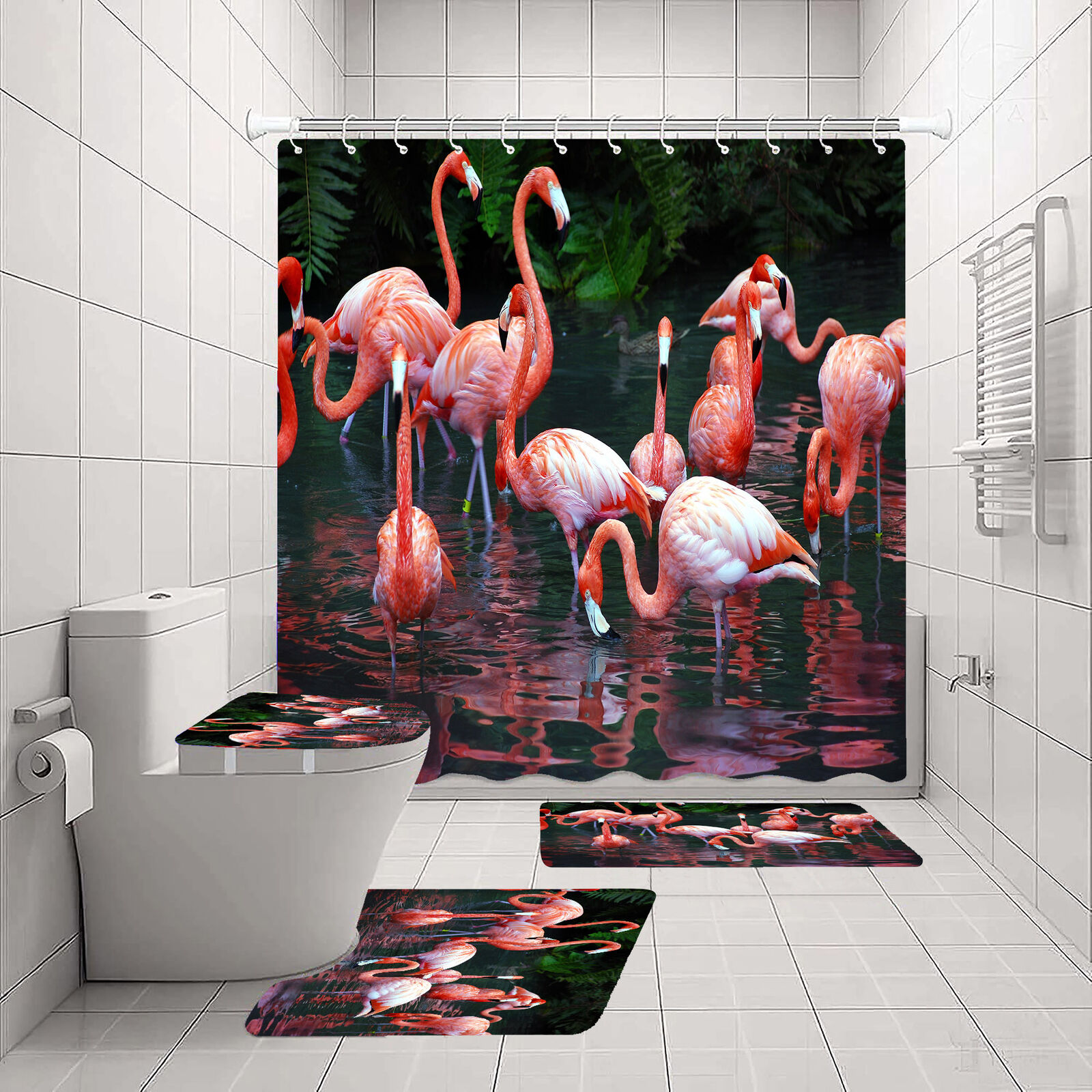 Animal Flamingo Jungle Pond Waterproof Shower Curtain Bathroom Decor