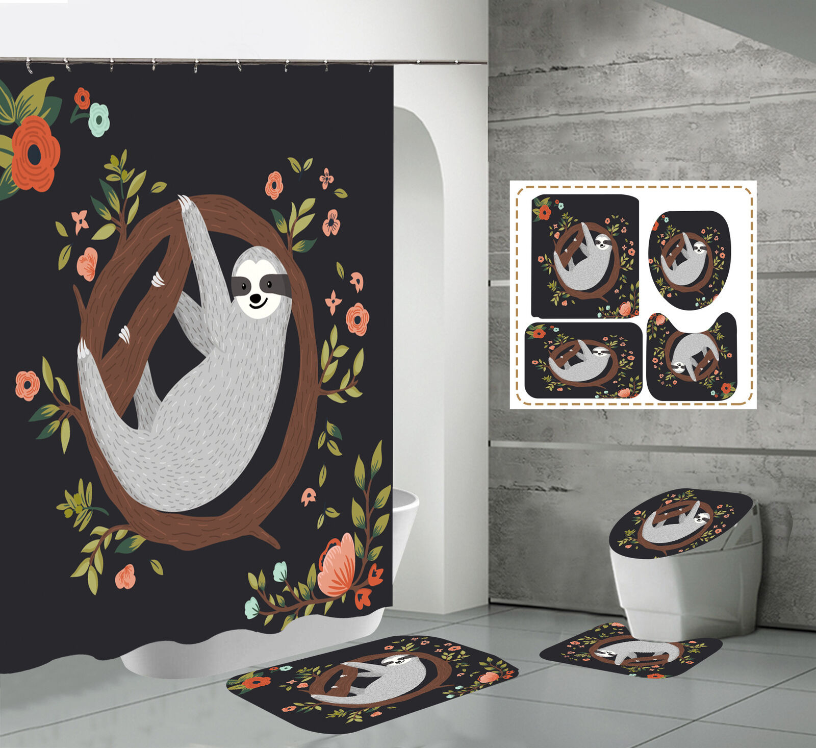 Animal Floral Sloths Print Round Branch Shower Curtain
