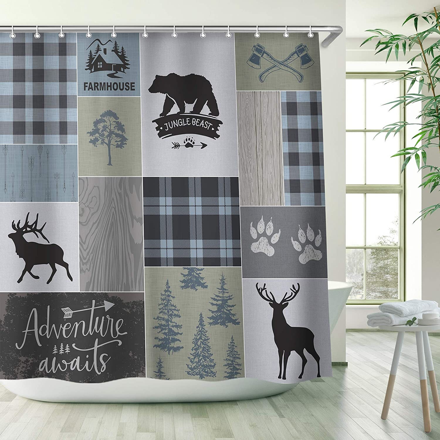 Animal Forest Shower Curtain With Rustic Bear Deer Farmhouse Country Lodge Cowboy Design