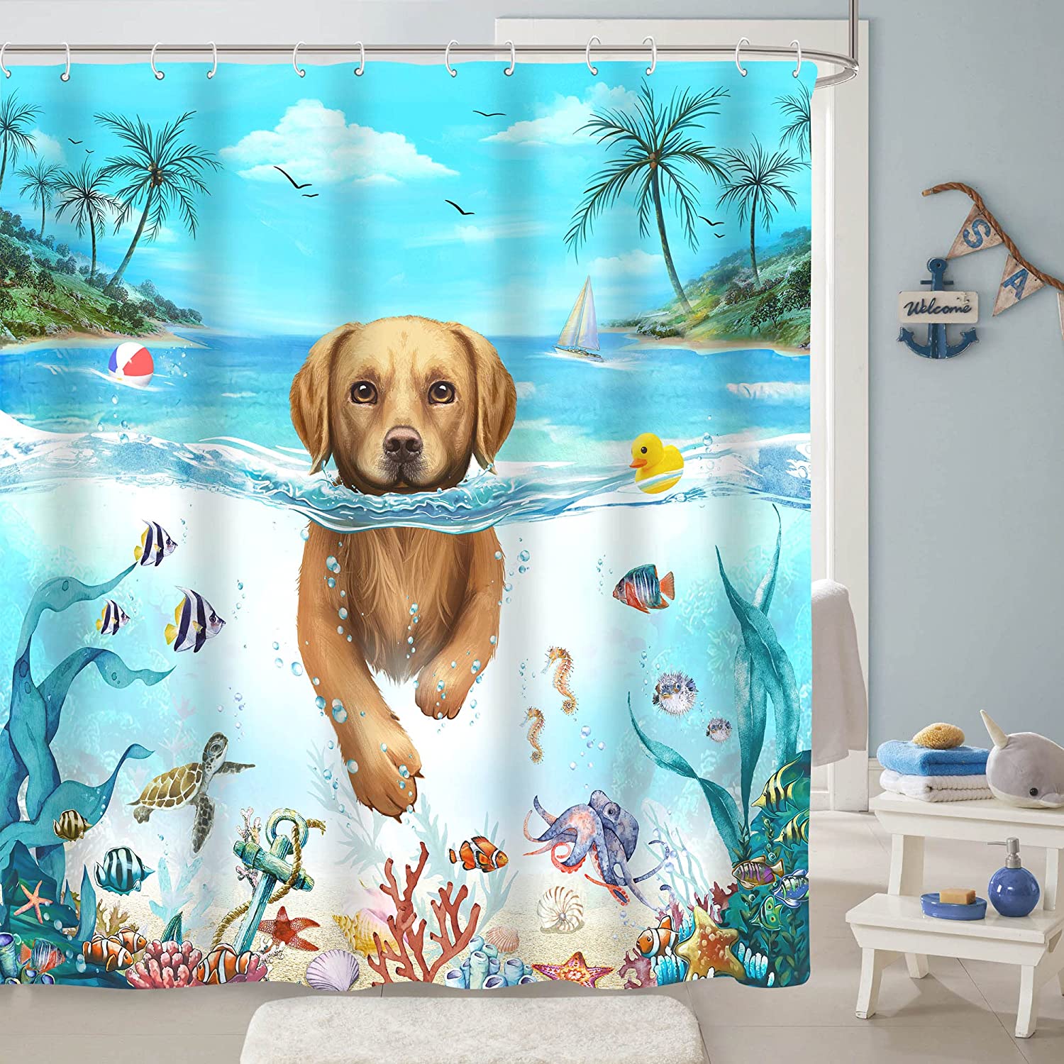 Animal Fun Shower Curtain With Teal Sea Ocean Theme For A Playful Bathroom - Image 2