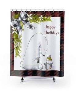 Animal Holiday Decor Buffalo Plaid Christmas Shower Curtain With Polar Bear, Penguin For Bathroom