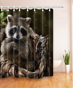 Animal Lovers' Dream Shower Curtain with Raccoons and Owls for a Nature-Inspired Look