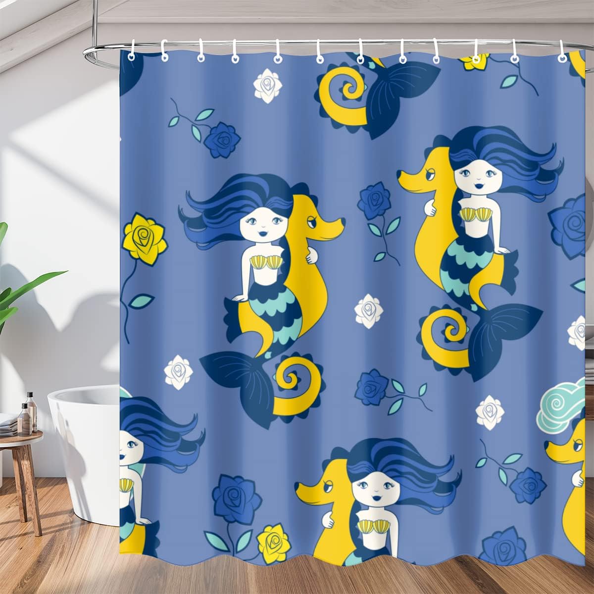 Animal Mermaid with Flower Wreath Shower Curtain for Bathroom Fabric Home Decor
