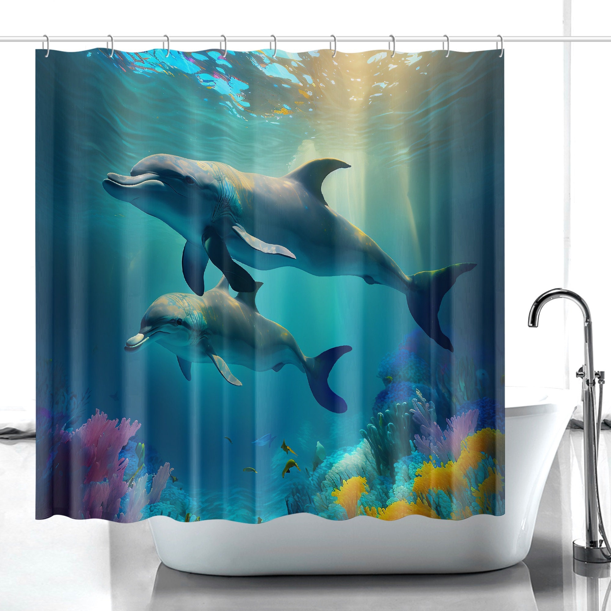 Animal Print Dolphin Shower Curtain With Blue Tones - Nature Lover Bathroom Decor