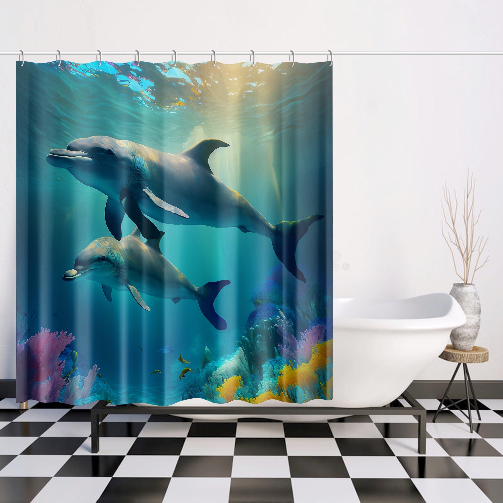 Animal Print Dolphin Shower Curtain With Blue Tones - Nature Lover Bathroom Decor - Image 2