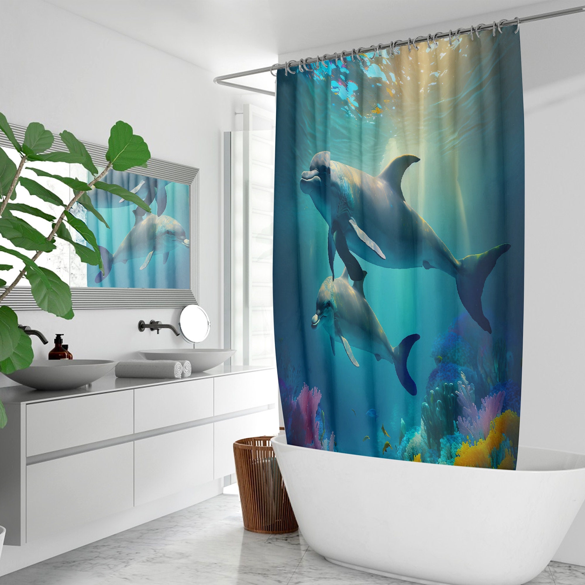 Animal Print Dolphin Shower Curtain With Blue Tones - Nature Lover Bathroom Decor - Image 3