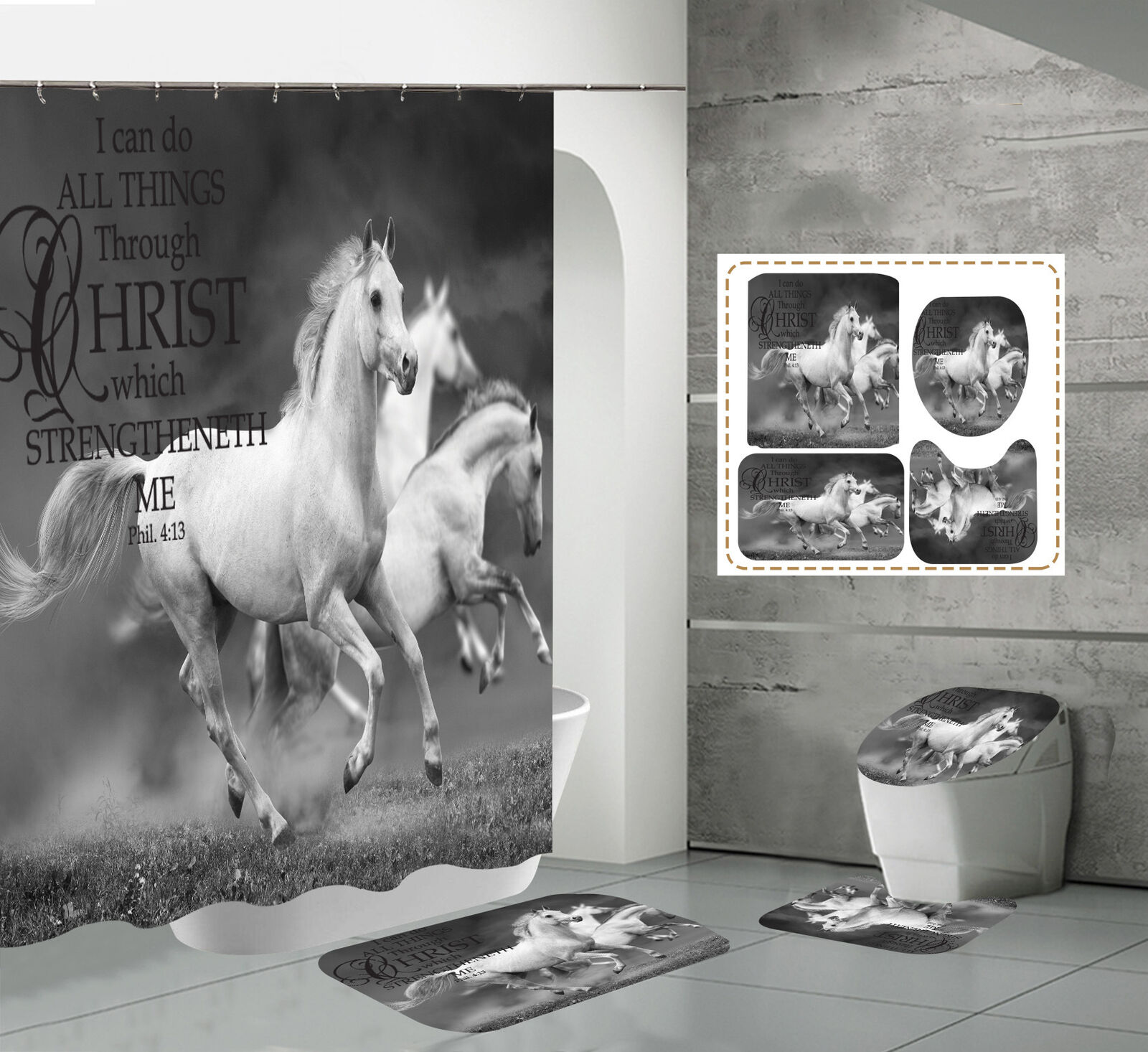 Animal Print Shower Curtain with Sweat Horse Steed Design for Bathroom Decor
