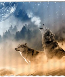 Animal Shower Curtain, Wolves Howling To The Moon, Rustic Bathroom Decor