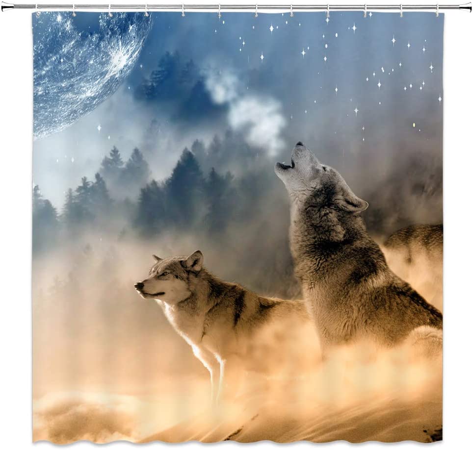 Animal Shower Curtain, Wolves Howling To The Moon, Rustic Bathroom Decor
