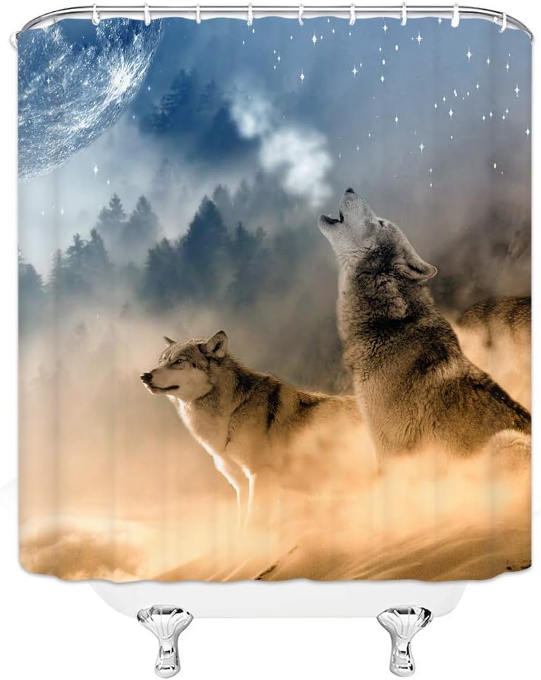 Animal Shower Curtain, Wolves Howling To The Moon, Rustic Bathroom Decor - Image 2