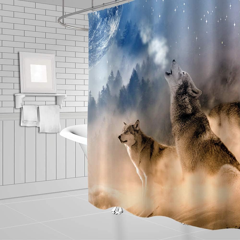 Animal Shower Curtain, Wolves Howling To The Moon, Rustic Bathroom Decor - Image 3