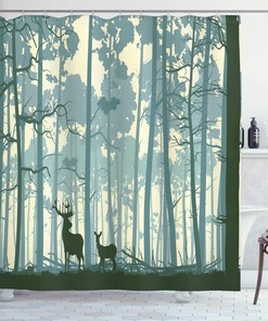 Animal Silhouette In Foggy Forest Deer Shower Curtain - Cloth Fabric Bathroom Decors