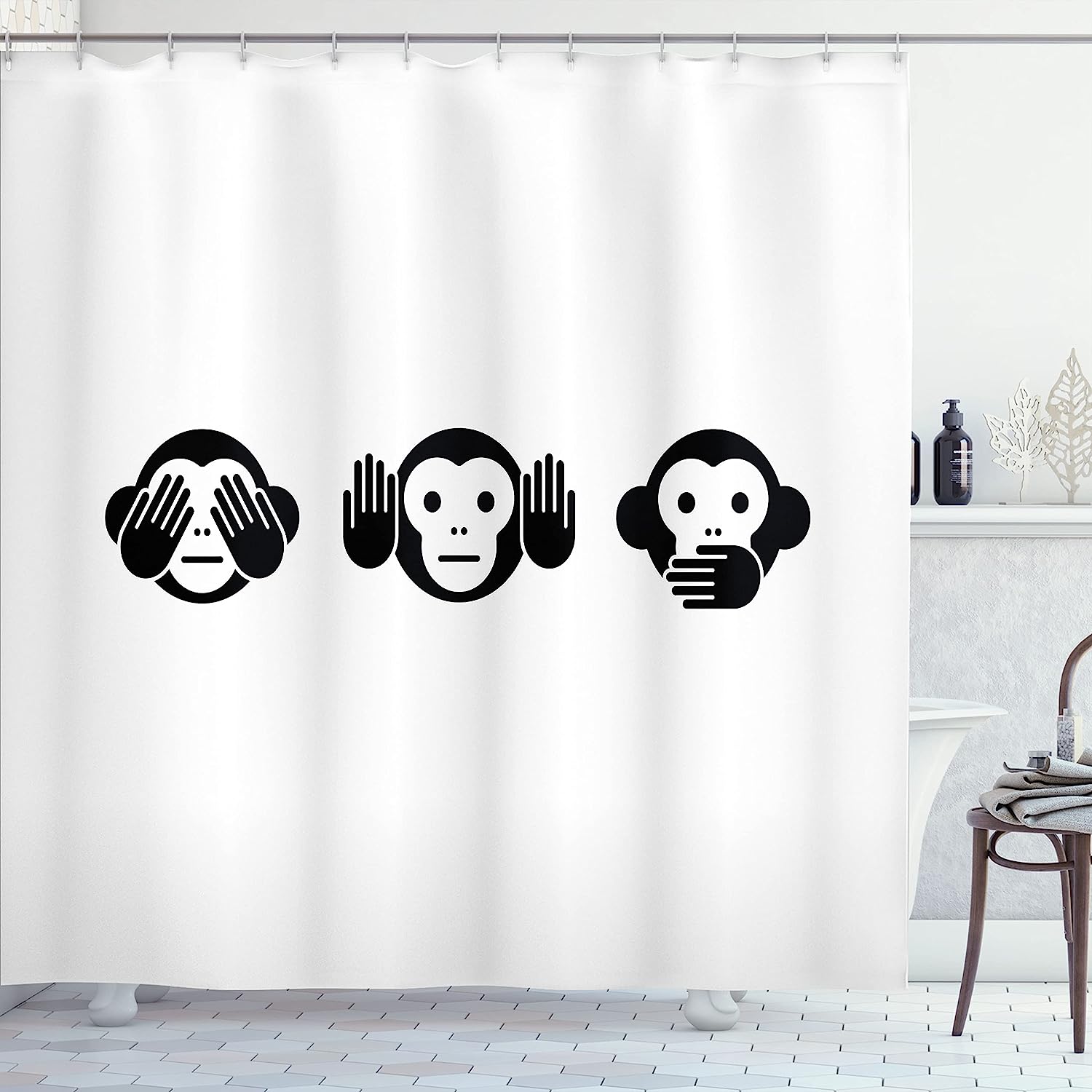 Animal Theme Illustration Of 4 Monkeys On The Tree Branch Shower Curtain With Nature Design