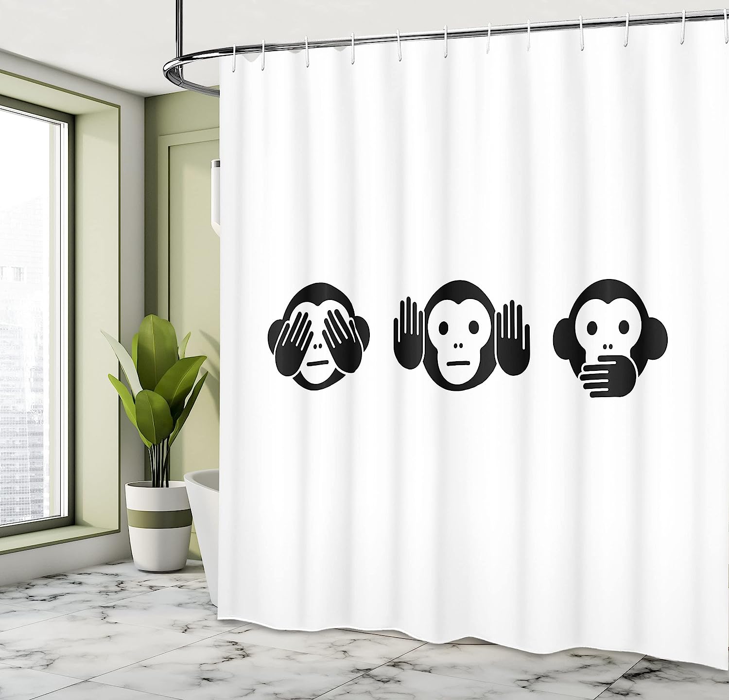 Animal Theme Illustration Of 4 Monkeys On The Tree Branch Shower Curtain With Nature Design - Image 4