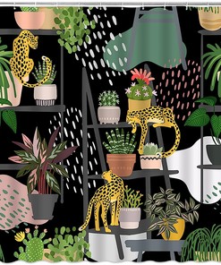 Animal Tiger and Cactus Succulent Shower Curtain with African Tropical Boho Nature Garden 