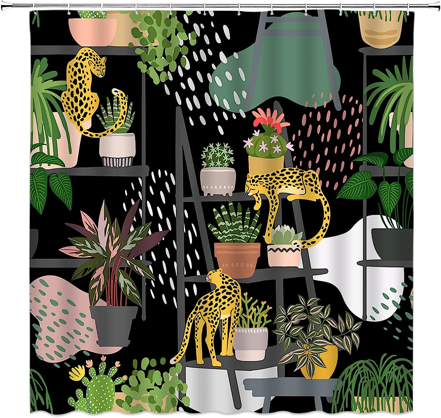 Animal Tiger and Cactus Succulent Shower Curtain with African Tropical Boho Nature Garden