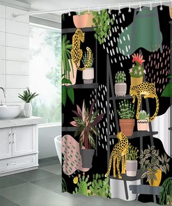 Animal Tiger and Cactus Succulent Shower Curtain with African Tropical Boho Nature Garden